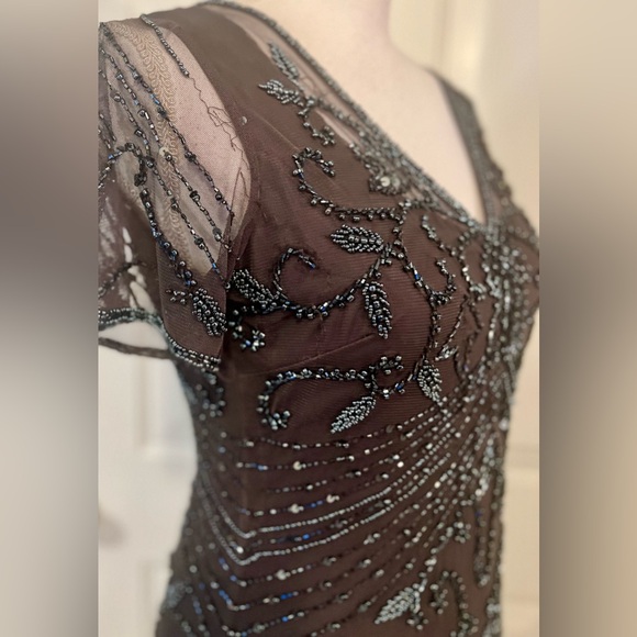 Pisarro Nights Cosmic Navy Beaded Gray Mesh Column  Formal Party Gown Size 4 - Picture 5 of 11